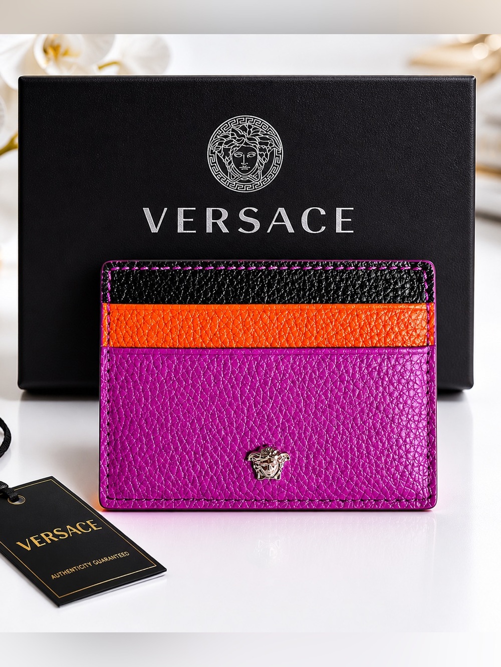Versace Purple Orange Black Leather Card Holder NWT
